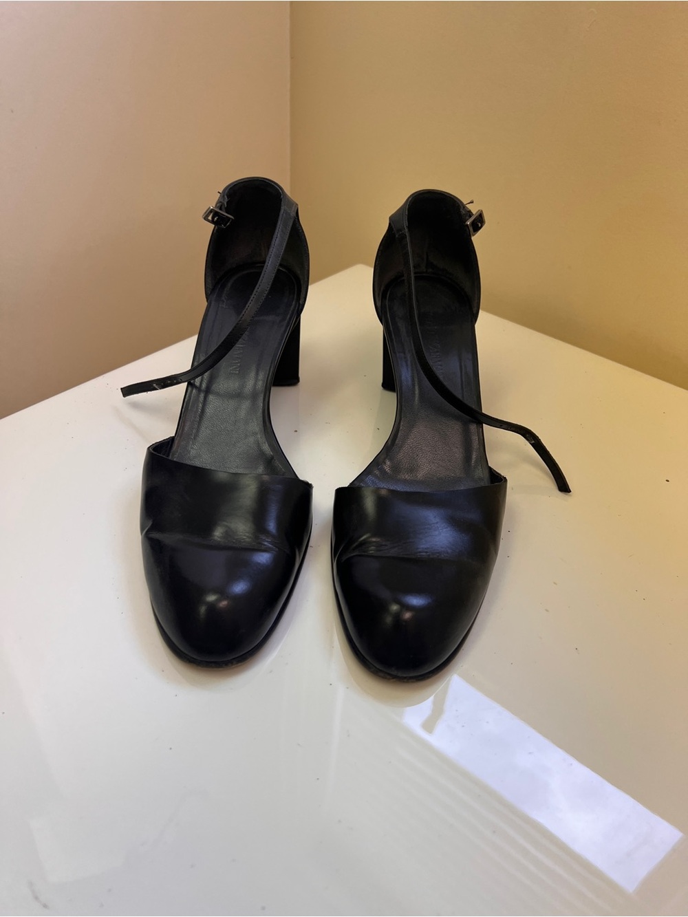 Armani Exchange Black Leather Ankle-Strap Block Heels